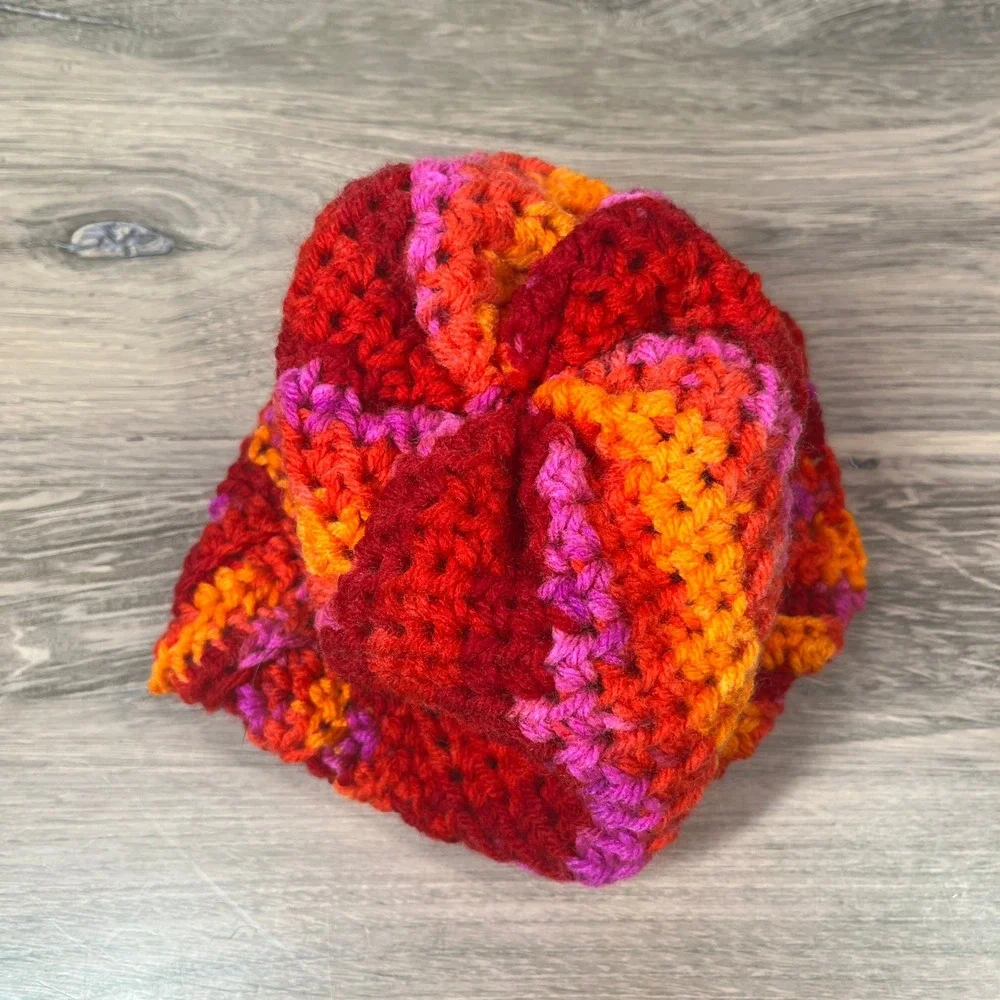 Handmade Crochet Beanie Kids Red Orange Pink Pom Pom Winter Hat